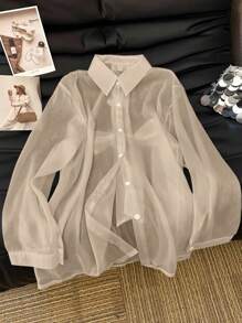 GlowEve 优雅休闲度假蝴蝶结衬衫 - 卡其色 - 查看 2