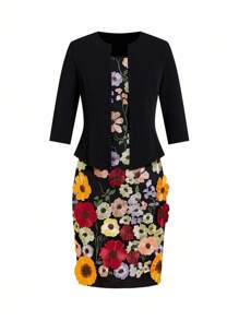 Ellevyn 2 件套：黑色修身中袖夹克 + 蕾丝无袖短款中长修身连衣裙，适合女士办公室装、女士工作服、女士商务休闲装 - 玫紅色 - 查看 9