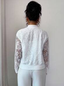 Elenzga Women's Elegant Versatile Loose Stand Collar Patchwork Thick Lace Jacket, Autumn/Winter - White - View 2