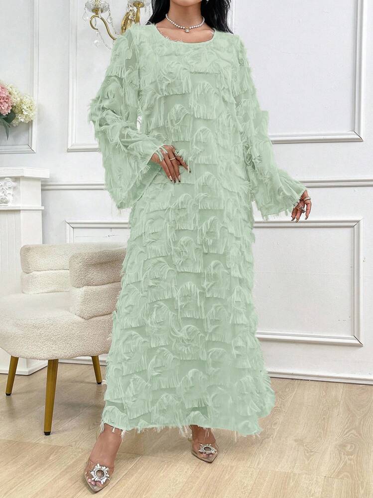 Al Najma 休闲宽松纯色优雅长袖女式阿拉伯连衣裙 - 綠色 - 查看 1