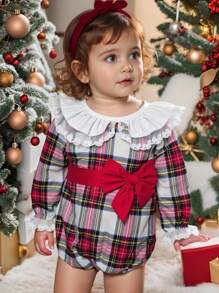 SHEIN 女婴优雅格子彼得潘领连体衣，秋季格子婴儿连体衣红色格子婴儿套装 - 彩色 - 查看 3