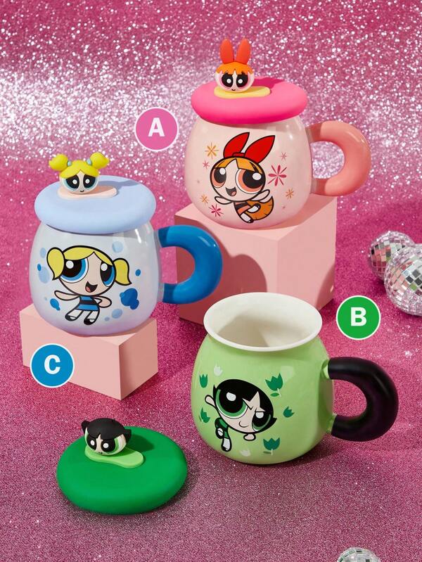 THE POWERPUFF GIRLS X SHEIN 1 pièce Tasse en céramique à motif de bande dessinée de grande capacité 500 ml/17,6 oz avec couvercle en silicone (paille non incluse), compatible micro-ondes et lave-vaisselle pour le lait, le café, le jus, etc. Fleur/Bouton d'or/Bulles