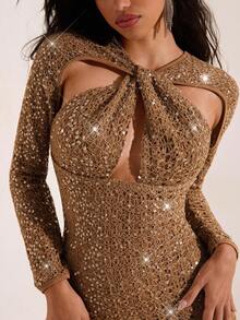 Opulessa Sexy Ausschnitt Vorne Langarm Paillettenkleid mit Struktur für Frauen, geeignet für den Urlaub