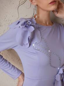 Modelyn 女士花卉 3D 水晶装饰圆领长袖连衣裙 - 紫色 - 查看 8