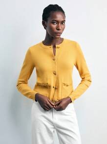 Maija Cardigan giallo da donna versatile, di moda urbana moderna, essenziale, con scollo tondo, apertura anteriore, orlo e polsini con design in filato sfumato, decorazione metallica, adatto per l'ufficio e il casual business, con un tocco vintage di alta qualità per il pendolarismo urbano - Multicolore - Visualizzare 6