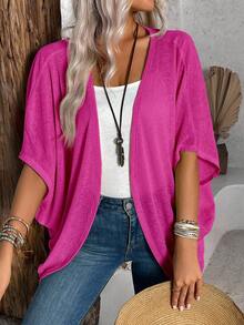 EMERY ROSE Women's Casual Solid Color Minimalist Open Front Short Sleeve Regular Jacket Hot Pink Cover Up