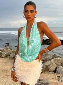 Opulessa 女士绿色露背吊带上衣，不对称下摆，饰有圆环亮片，薄荷绿围巾式上衣，美人鱼式上衣，适合秋季派对和冬季穿着。 - 綠色 - 查看 4