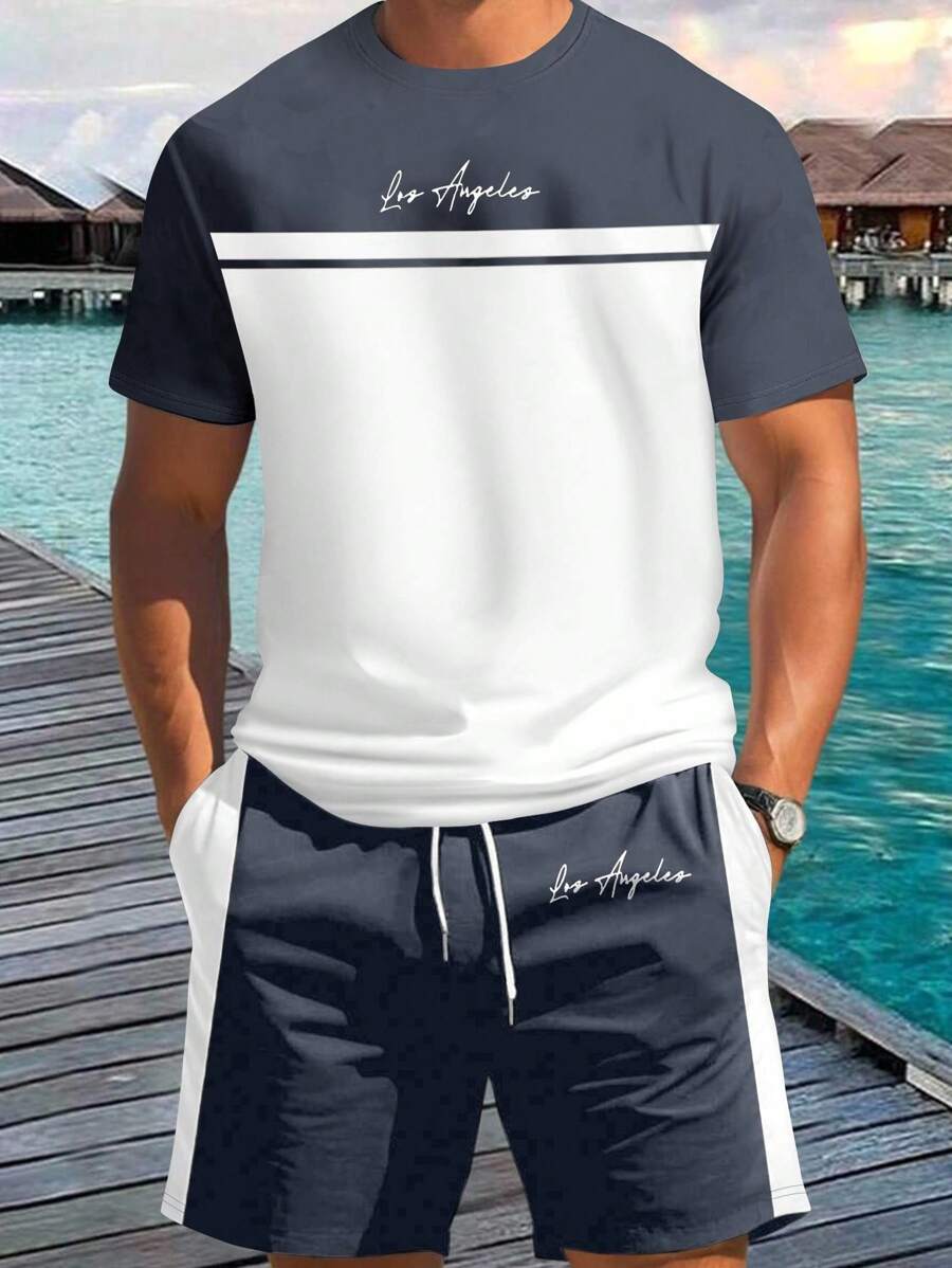 Manfinity Homme Men's Contrast Color Letter Print T-Shirt & Shorts 2 Piece Set Los Angeles Two Piece Set - Multicolor - View 1