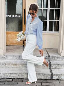 SHEIN Frenchy 女式植物刺绣条纹荷叶边V领长袖衬衫