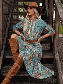 LanaWest Women's Bohemian Style Printed Mid-Sleeve Dress,Ladies Boho Fringe,Ruffle Hem Half Sleeve Tie Neck Loose Long Multicolor Flounce Sleeve All Over Print,Paisley Smock Women Long Dresses,Spring/Fall,Casual Daily Wear Maxi Women Outfit