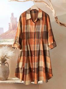Rusticease Vestido camisero casual y holgado a cuadros para mujer de talla grande
