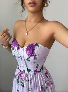 Selianne 女士优雅浪漫花卉印花褶饰腰部 A 字形吊带背心连衣裙 - 彩色 - 查看 4