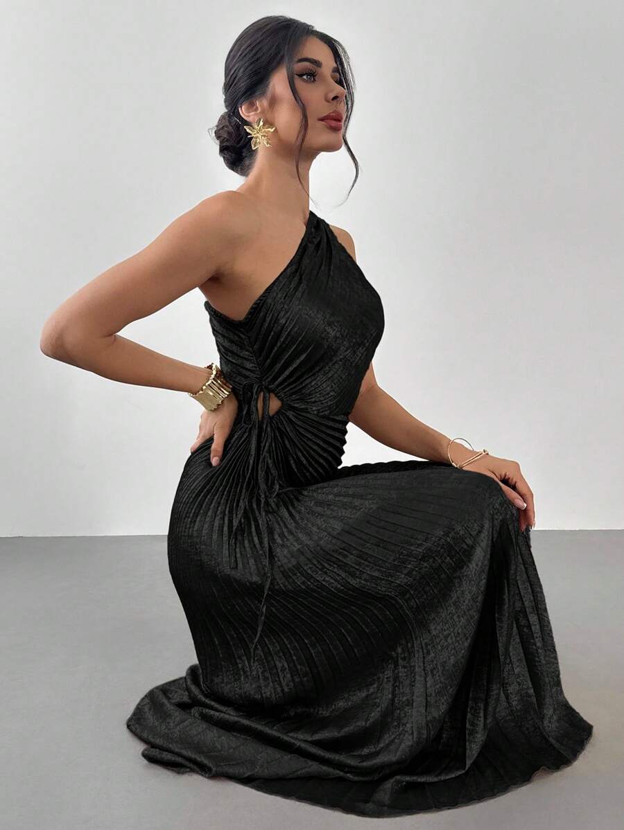 Firerie Damen Neuer Stil Gold Plissee/Asymmetrischer Saum Kleid, Gold Einschulter Kleid, Brautjungfern Kleid für Hochzeitsfeier, geeignet für Strandurlaub, Gartenfest, romantische Hochzeitssaison, Brautjungfer, Outdoor-Aktivitäten/Sommeroutfits/Abschlussballkleid/Urlaubsoutfits/Partys