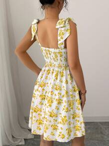 Selianne 新款碎花肩带收腰 A 字裙，修身廓形，优雅休闲度假裙 - 黃色 - 查看 2