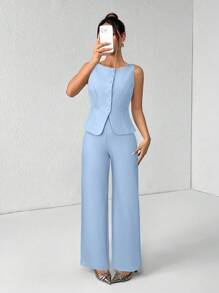 SHEIN PETITE 女士纯色圆领单排扣背心和裤子优雅通勤套装，夏秋季女装女套装办公室装商务休闲女两件套秋季女装办公室装女套装女式西装套装