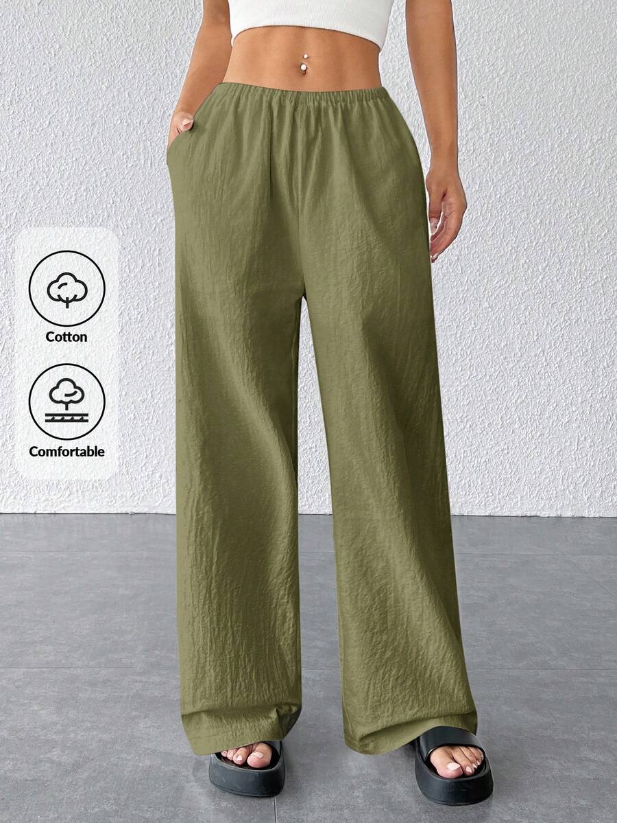 SHEIN PETITE Quần ống rộng đơn giản họa tiết dành cho nữ - xanh quân đội - Xem 1