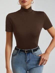 SHEIN Tall Women's Solid Color Basic Black Turtleneck Short-Sleeved T-Shirt - Brown - View 5