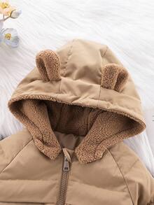 SHEIN 女婴/幼儿加厚羽绒服，新款冬季连帽仿毛皮内衬外套，带拉链和真口袋，前短后长，时尚秋季设计