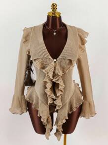 SHEIN CURVE+ Áo khoác cardigan tay loe bèo nhún cỡ lớn thời trang thu đông cho nữ phong cách mới, thời trang, gợi cảm, ngọt ngào, cỡ lớn - Màu Khaki - Xem 10