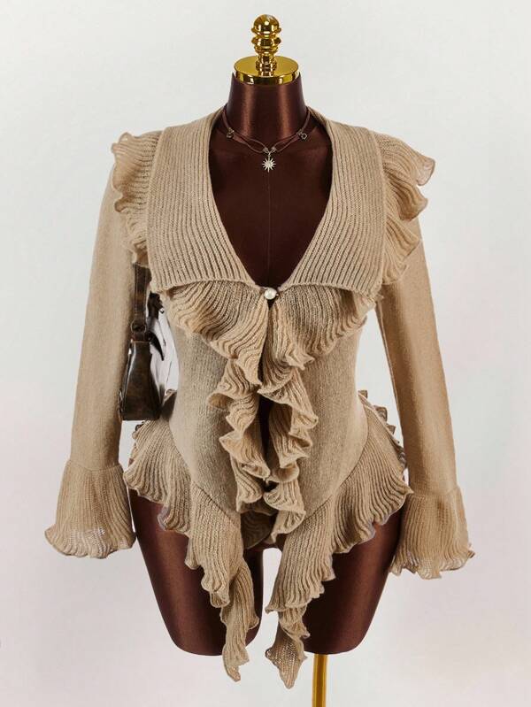 Amplova Cárdigan con mangas acampanadas y volantes, de moda, sexy y dulce, para mujer de talla grande en otoño/invierno