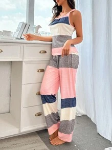 DUSKBASE 2pcs/Set Summer Multicolor Striped Knit Casual Tank Top And Pants Loungewear Set, Outfits - Multicolor - View 6