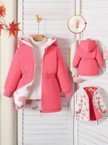 女童休闲时尚加厚双层红色束腰羽绒服，秋冬流行单品，少女冬季外套，保暖冬装，毛绒冬装，粉色少女秋季外套 - 玫紅色 - 查看 1