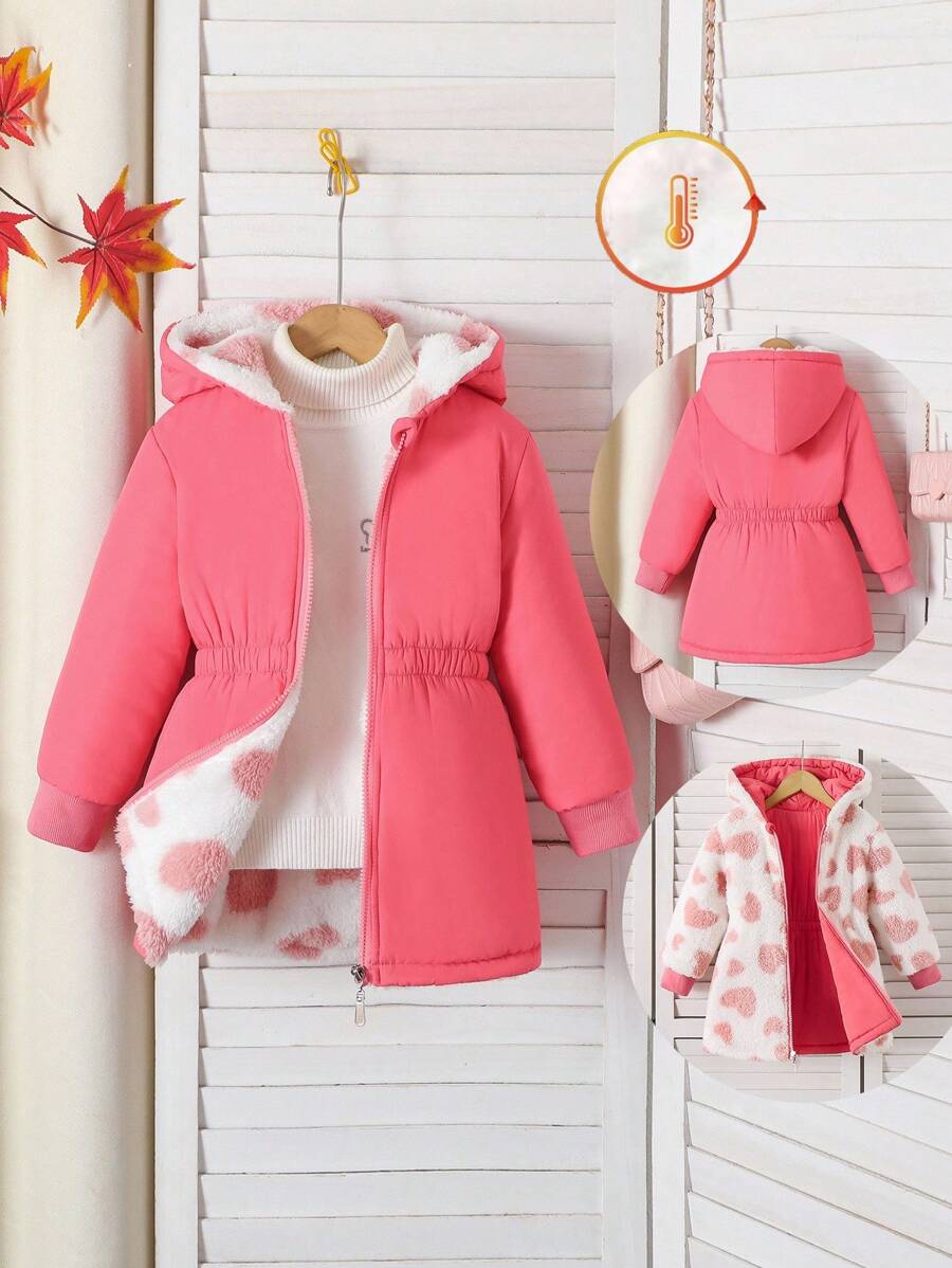 女童休闲时尚加厚双层红色束腰羽绒服，秋冬流行单品，少女冬季外套，保暖冬装，毛绒冬装，粉色少女秋季外套 - 玫紅色 - 查看 1