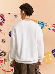 Paul Frank X SHEIN 男士休闲日常街头服饰卡通字母图案落肩宽松套头衫，春秋季 - 白色 - 查看 2