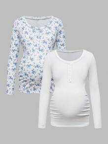Modmama 休闲纽扣长袖哺乳上衣 - 藍白色 - 查看 7