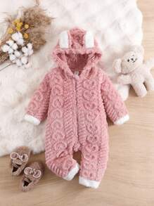 SHEIN Bộ áo liền quần dài tay màu hồng dễ thương phong cách đường phố cho bé gái, có mũ trùm đầu và tai trang trí, cổ tay và viền áo bằng lông giả màu trắng, thích hợp mặc hàng ngày, chụp ảnh, du lịch, mùa thu/đông. Áo liền quần mùa đông ấm áp cho bé gái, trang phục mùa đông thoải mái cho bé gái, quần áo mùa thu cho bé gái. - Hồng - Xem 3