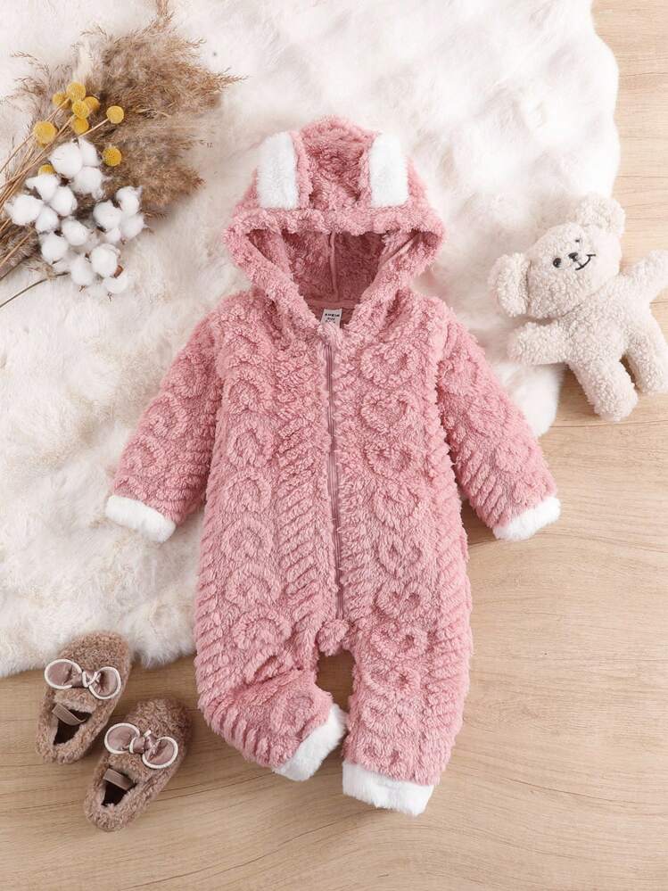 SHEIN 女婴可爱甜美街头风格粉色长袖连帽连体裤带耳饰，袖口和下摆拼接白色仿皮草，适合日常穿着、摄影、旅行、秋冬 - 粉色 - 查看 3