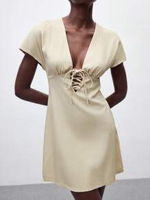 Maija 2025 Summer New Arrival Elegant Cocktail Dresses, Suitable For Wedding Guests, Brunch, Airport, Boho Vacation, Beach Music Festival, Easter, Graduation, Casual Daily Wear, With Neckline Tie, Bowknot Design, Short Sleeve, Mini Length