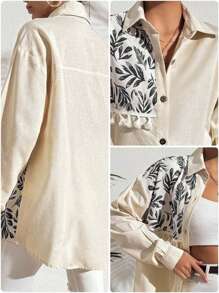 EURMUSE 100%Cotton Plant Print Fringed Drop Shoulder Sleeve Shirt - Black - View 6