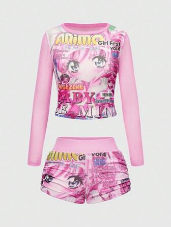 ROMWE Avant Conjunto de 2 piezas de top de manga larga transparente con estampado de personaje de anime sexy y shorts ajustados de talle bajo para mujer, estilo Y2K