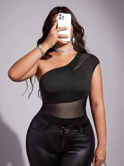 Viva Relle 大码女式纯色单肩针织网眼拼接连体衣