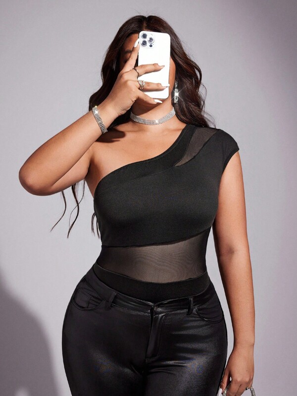 Viva Relle 大码女式纯色单肩针织网眼拼接连体衣