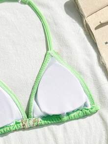 Tween Girl Shell Trim Halter Swimsuit Set, Suitable For Beach Vacation Green Two Piece Bathing Suit Tween Girls Bathing Suits Tween Girls Green Bikini - Green - View 3