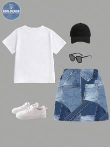 SHEIN Tween Girl Casual Heart Graphic Short Sleeve Round Neck T-Shirt Paired With Cargo Skirt Set, Suitable For Summer 2pc Set Girls Teen Girl Clothes Kids Skirt And T-Shirt Set - Multicolor - View 2