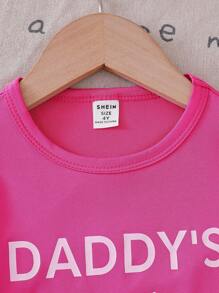 SHEIN Explorewe 2pcs Young Girls Fuchsia Cute Letter Graphic Short Sleeve T-Shirt And Fashionable Shorts Set, Summer - Hot Pink - View 4