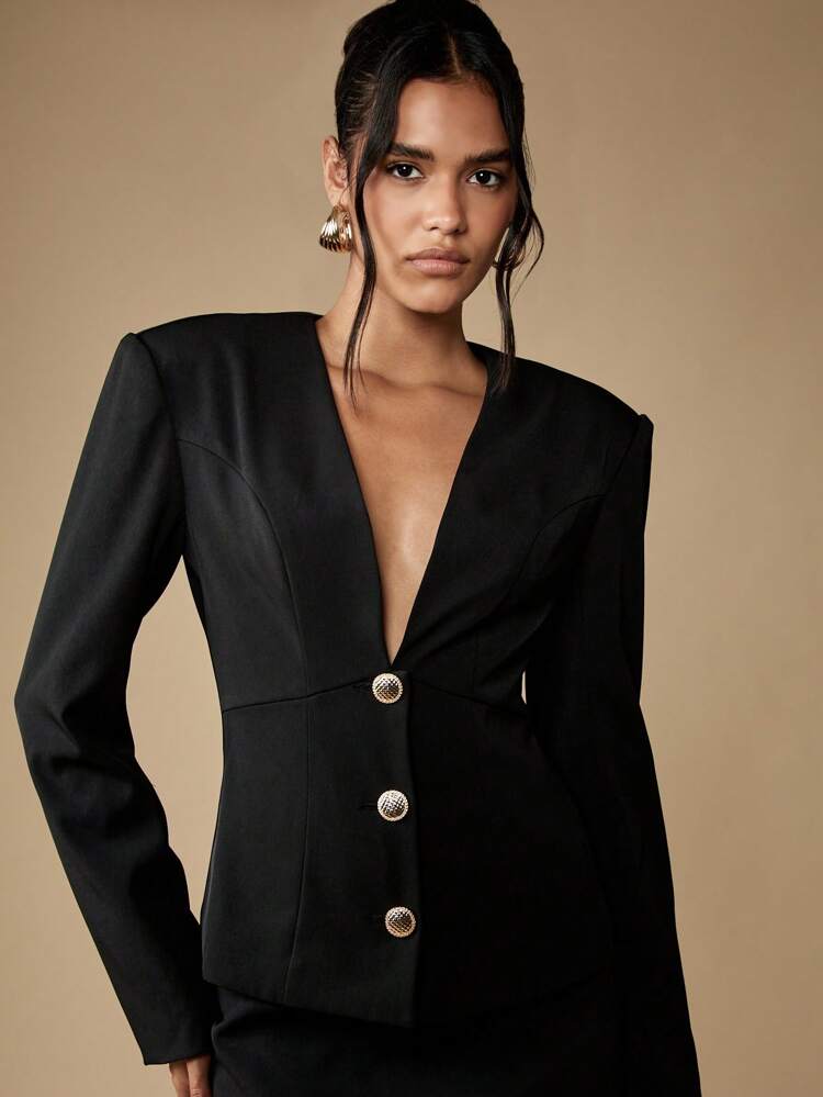 MISSGUIDED 초슬림 블레이저 미니 스커트 세트 버튼 프론트 딥 브이넥 파워 숄더 정장 이브닝 파티 웨딩 게스트 리셉션 비즈니스 포멀 전문직 행사 사무실