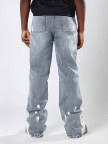 SUMWON Side Stripe Distressed Jeans Contrasting Color Block Pant Oversized Streetwear Fashion Premium Denim Baggy Ripped Pants Wide Leg Fall Winter Collection - Light Wash - View 2