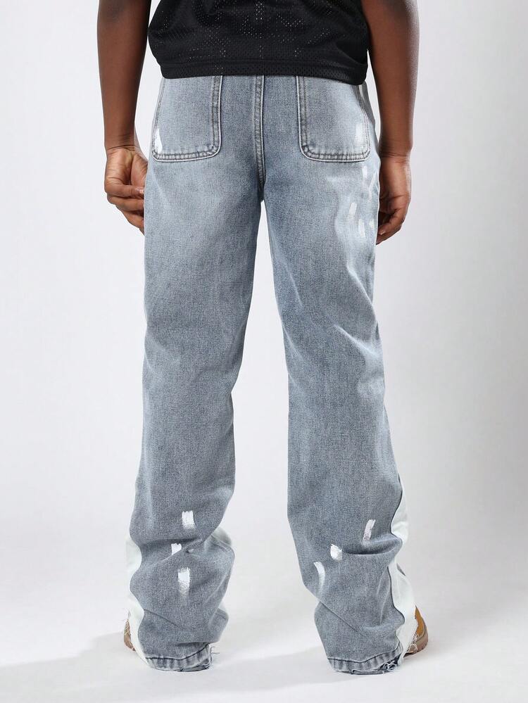 Wide Leg Distressed Denim Jeans With Side Stripes