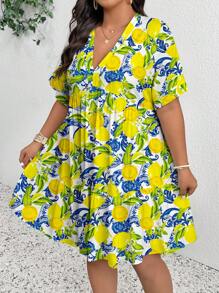 SHEIN Frenchy 大码女式 V 领短袖休闲度假夏季清新柠檬图案连衣裙，女士夏装，飘逸连衣裙 - 黃色 - 查看 3