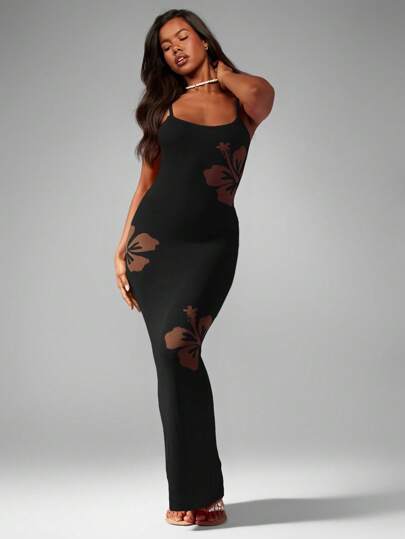 MISSGUIDED Hawaiian Floral Jacquard Knit Maxi Dress Long Hibiscus Print Spaghetti Strap Summer Vacation Resort Evening Beach Party Floor Length