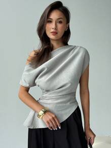 Aloruh New Minimalist Fashion Versatile Gray Asymmetrical Neck Pleated Decor Cinched Waist Pullover Fitted Short Sleeve Blouse