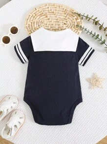 Newborn Baby Boy/Girl Casual Everyday Interesting Campus Sailor Collar Bodysuit, Short Sleeve, Suitable For Spring & Summer - Blue - View 7