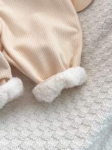 Infants/Toddlers Casual Sports Cute Bear Embroidered Patchwork Fleece Hooded Jumpsuit For Baby Boys/Girls, Suitable For Autumn/Winter Wear - Beige - View 4