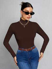 SHEIN Tall 簡單純色修身高領棕色上衣，適合秋冬，高個女性穿著 - 棕色 - 查看 7