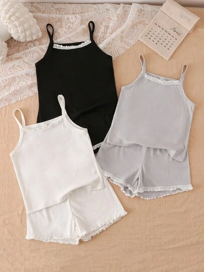6 件套大女孩针织蕾丝领吊带短裤，花卉装饰纯色灰色、黑色、白色罗纹提花内衣套装，春秋