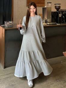 DAZY 女士纯色圆领灯笼袖荷叶边下摆休闲连衣裙长裙 - 灰色 - 查看 3